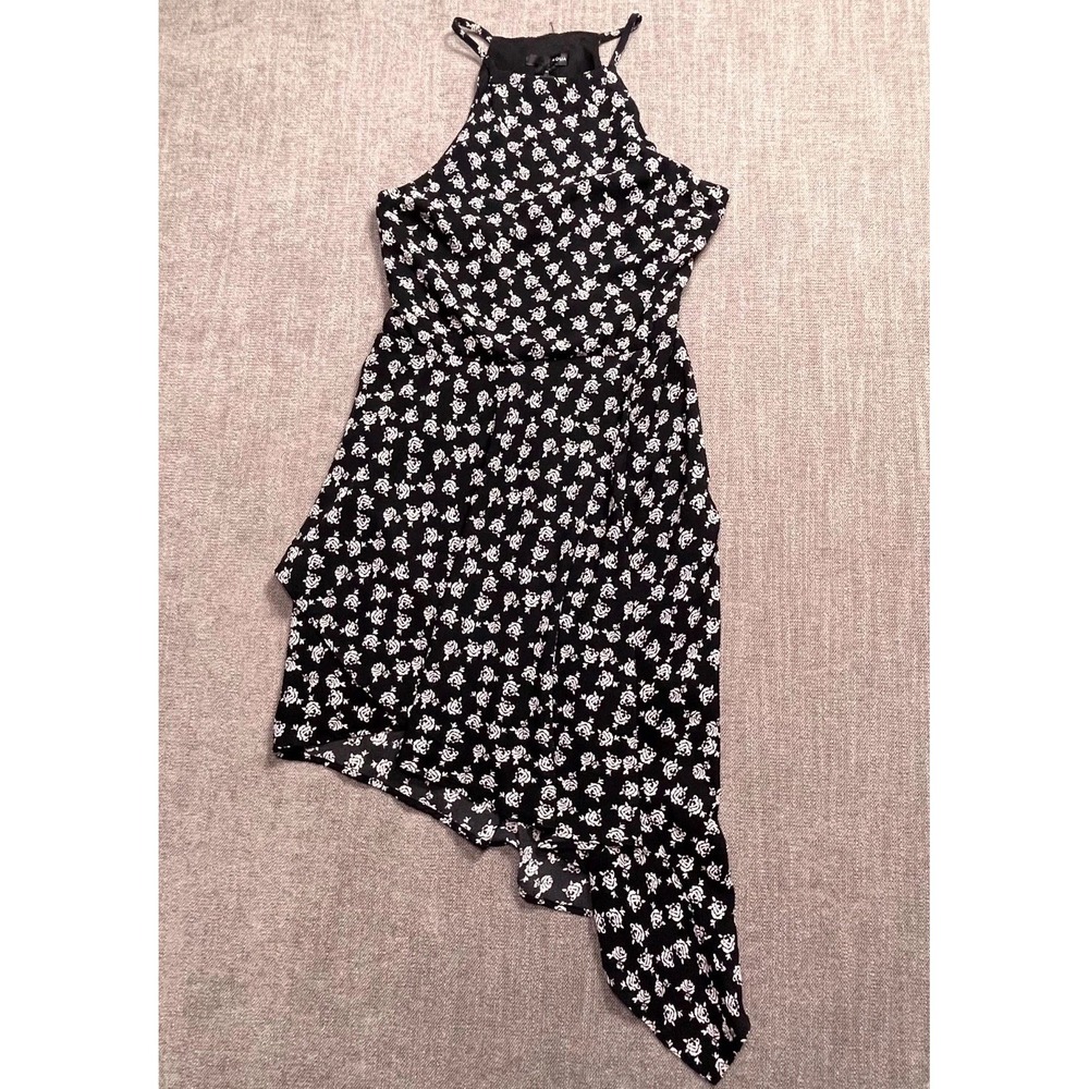 AQUA Dress Womens Medium Black White Floral Stretch Halter Neck Asymmetric Hem